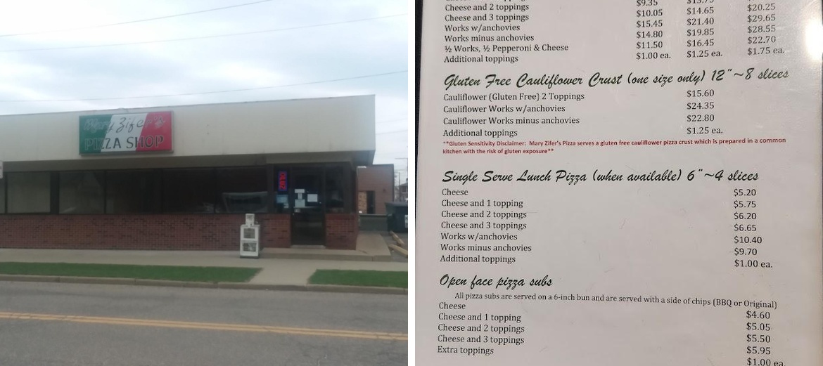 Mary Zifer's Pizza Shop Menu