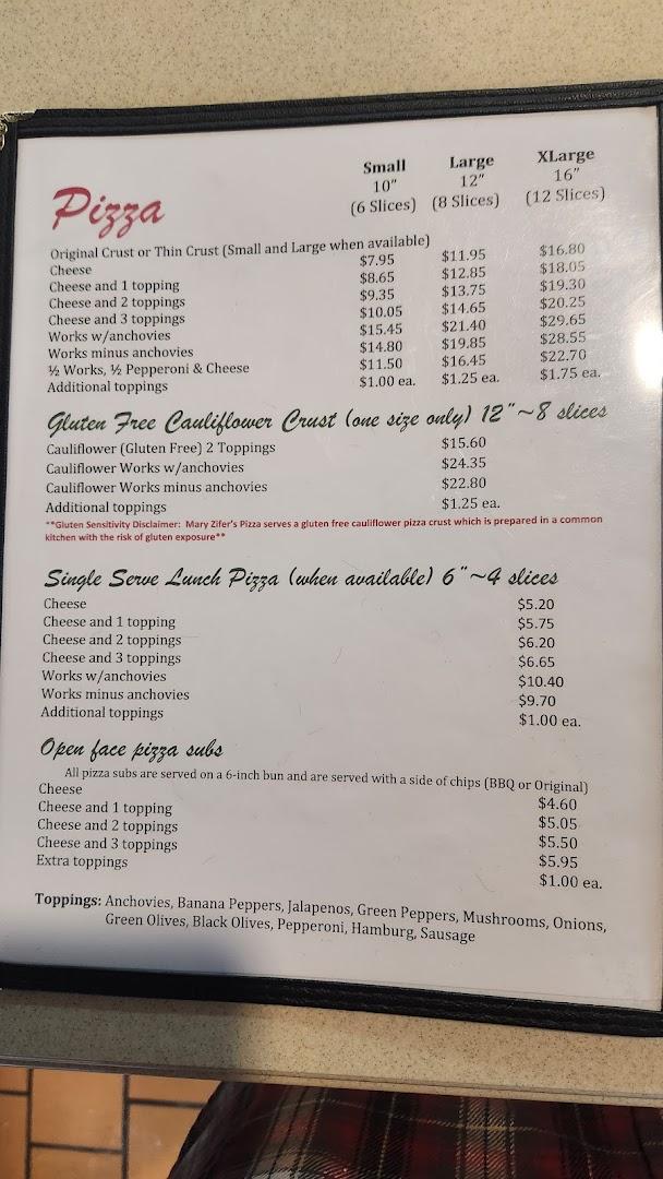Mary Zifer's Pizza Shop Menu